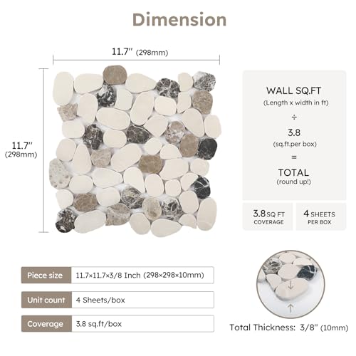 Diflart Natural Pebble Stone Tile for Shower Floor, Brown and Beige Oval, 4 Sheets, Sliced Pebble Mosaic Backsplash for Kitchen Bathroom Floor and Wall Tile - color: Bown and Beige, size: 11.7x11.7 Inch