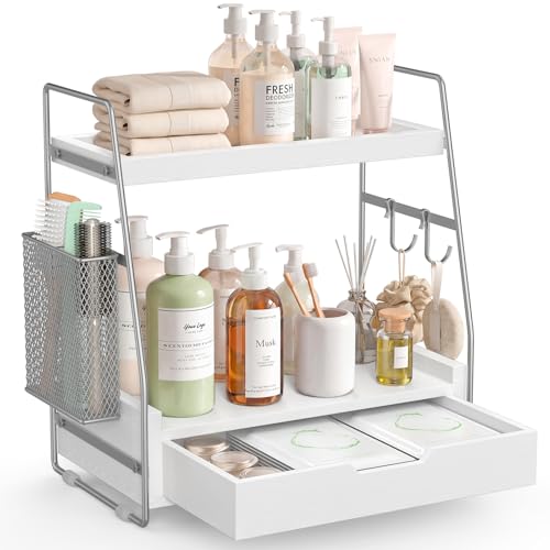 2-Tier Bathroom Counter Organizer with Drawer and Removable Basket, Wood Vanity Countertop Storage for Perfume, Makeup, Skincare, Bathroom Counter Shelf, 13" x 7.9" x 14.5", Silver - color: Silver
