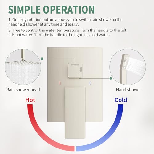 SunCleanse Rainfall Shower Faucet Set Brushed Nickel Shower Combo Set for Bathroom with High Pressure 10 inch Shower Head with Handheld Shower Valves Shower Head and Handheld Ceiling Mounted - color: Brushed Nickel, style: 10-ceiling