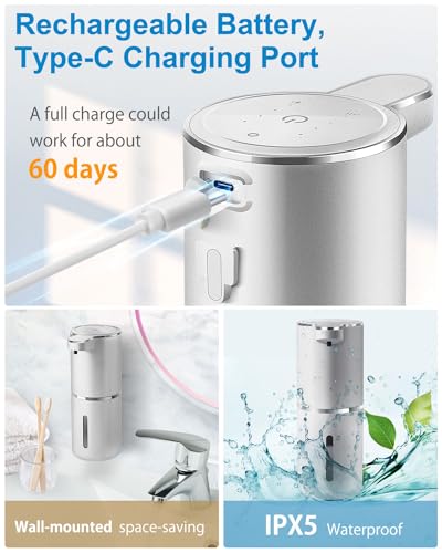 Automatic Foaming Soap Dispenser,4-Level Adjustable Foam, Wall Mount, USB Rechargeable,12.8oz/ 380ml,Touchless Hand & Dish Soap Dispenser for Bathroom, Kitchen,Hotel, Restaurant - color: Silvery