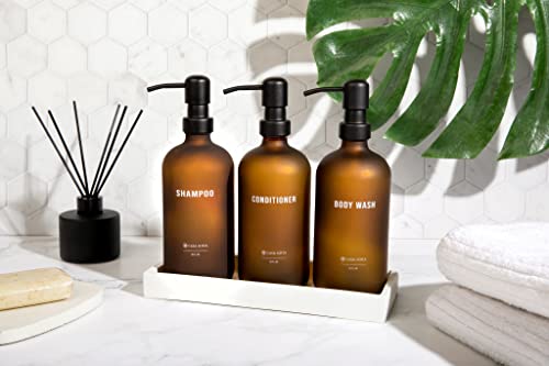 Frosted Amber Glass Shampoo and Conditioner Dispenser Set – Refillable 16 oz Pump Bottles with Concrete Tray – Luxury Bathroom Organization & Modern Shower Soap Dispensers - color: Frosted Amber Glass