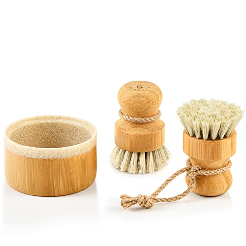 SUBEKYU Bamboo Dish Brush Set with Soap Holder, Wooden Dish Scrubber with Soap Dispenser, Natural Kitchen Scrub Brush, Washing Pot/Pans/Cast Iron, 2 Pack, Sisal Bristles - color: Sandstone Base + 2p Sisal Brushes, size: Regular size