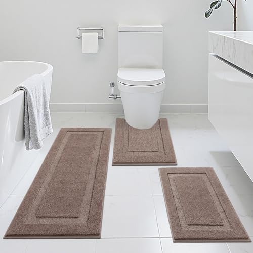 SHACOS Coffee Brown Bathroom Rugs Sets 3 Piece Bath Mat U Shaped Toilet Rug | 20x47+ 20x32+ 20x24, Soft Fluffy Microfiber Bath Rugs Set, Non Slip Washable Absorbent Bathroom Runner Floor Mats Shower Rug - color: Coffee, size: 20"x32"+ 20"x47"+U Shape 20"x