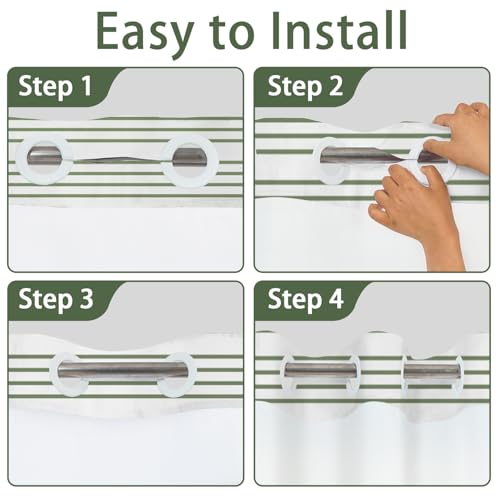 No Hook Striped Shower Curtain and Liner Set 71 x 74 Inch | Spring Sage Green and White Minimalist Striped, Waterproof Modern Bath Tub Curtain for Bathroom Decor, Breathable Mesh Top - color: Green