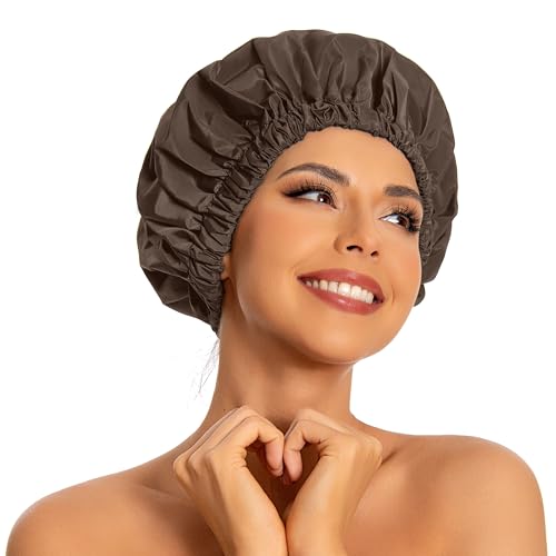 Edoneery Reusable Shower Caps for Women, Waterproof Long Hair Bonnet | Washable Design, Wide Elastic Band, Large Fit, Holds Long Hair, Braids Friendly, Bath Accessories, Spa, Travel - color: Dark Coffee