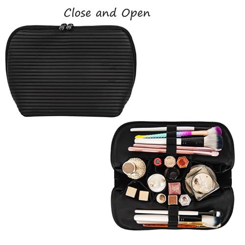 Travel Makeup Bag for Women, Waterproof Stand Up Cosmetic Bag with Brush Holders, Organizer Bag with Compartments, Fold-Down Design for Skincare, Toiletries & Essentials (Black, Medium) - color: Black, size: Medium