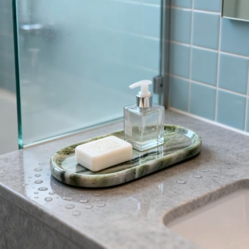 Green Marble Vanity Tray 9.8", Natural Stone Organizer for Bathroom | Luxury green marble tray, polished non-slip base, Perfect for jewelry, perfumes, décor. Unique pattern, ideal gift for her. - color: Green