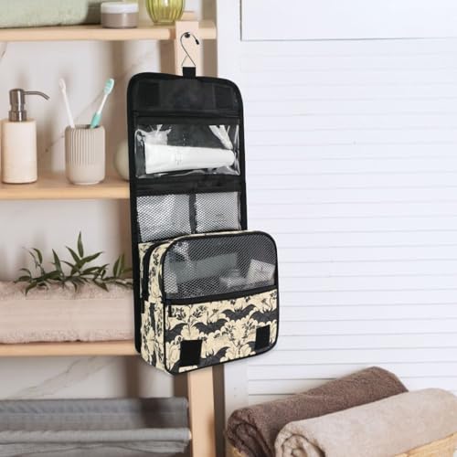 MNSRUU Hanging Toiletry Bag Bats and Flowers Vintage Travel Makeup bag for Toiletries Portable Travel Toiletry Organizer Cosmetic Bags with Hanging Hook - color: Bat I13854