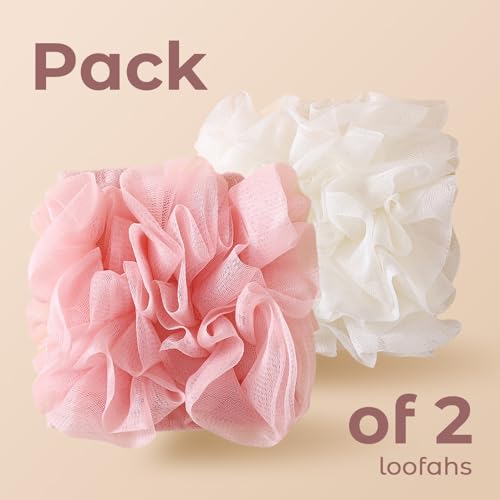 2 in 1 Loofah Sponges 2-Pack Dual-Sided Exfoliating Bath Sponges for Shower & Loofah Washcloth for Bar Soap Premium Body Scrubber with Drawstring for Gentle Skin Smoothing - Pink＆Beige - style: Pink＆Beige