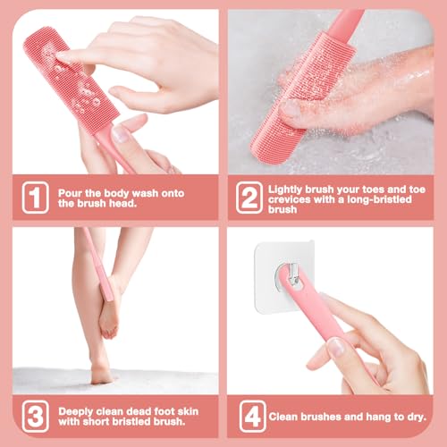 Pack of 3 Silicone Toe Cleaning Brush,Soft Brush Foot Scrubber Long Handle Bathroom Shower Bath Brush Wet and Dry Use for Seniors,Elderly, Men and Women (Pink) - color: Pink