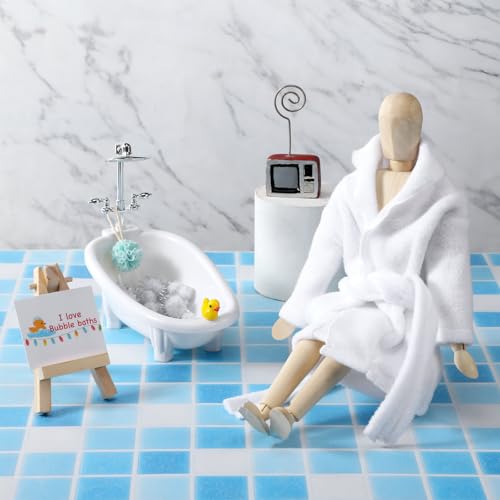Outus 7 Pcs Christmas Doll Accessories Kit Holiday Doll Bath Clothes Set Include Yellow Bathrobe Bathtub Bath Ball Duck Bubble Card Display Stand for Christmas DIY Activity