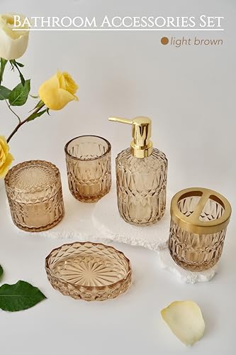 LaMarriti Brown Bathroom Accessories Set, 5Pcs Glass Bathroom Set, Soap Dispenser and Toothbrush Holder Set, Soap Dish, Qtips Holder, Tumbler for Crystal Vintage Bathroom Decor - style: Brown