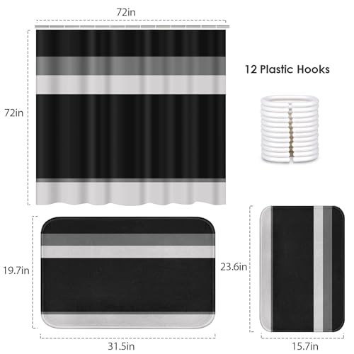 ArtSocket Black Grey Geometric Bathroom Set with Shower Curtain and Bath Rugs and Accessories, Striped Modern Non-Slip 3 Pcs, 72" L x 72" W Curtain, 23.6" L x 15.7" W + 19.7"x 31.5" Rugs - color: Black Grey
