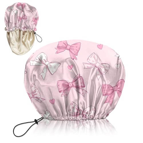 Luxury Shower Cap Silk Satin Lined Waterproof Reusable Adjustable Elastic Dry Hair Bathing Caps Cute for Women Girls-Pink Bowknot - color: C-6-Pink Bowknot