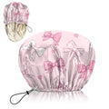 Luxury Shower Cap Silk Satin Lined Waterproof Reusable Adjustable Elastic Dry Hair Bathing Caps Cute for Women Girls-Pink Bowknot - color: C-6-Pink Bowknot