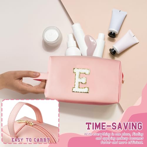 Personalized Initial Makeup Bag with Handle, Preppy Cosmetic Bag with Inner Zipper Pocket, 8 9 10 11 12 13 14 Years Old Girl, Graduation Gifts for Teen Girls Women Teachers (E, Pink) - color: Pink, style: E