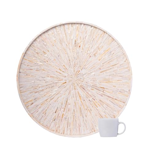 PEMAR 22" Round Mother of Pearl Extra Large Ottoman Tray with Raised Edge, Oversized Decorative Luxury Wooden Serving Tray for Food, Coffee Table, Breakfast in Bed (White Cream Sunlight)