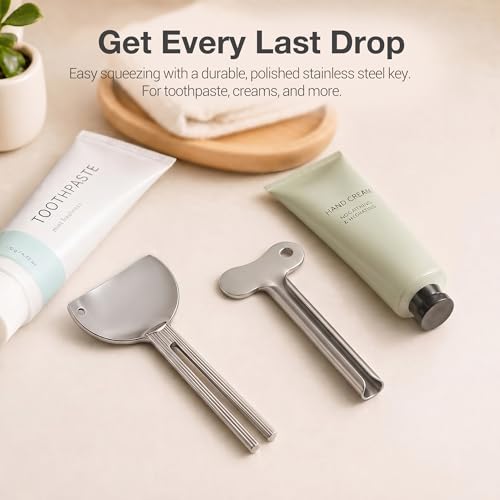 2-in-1 Stainless Steel Toothpaste Squeezer Set, Metal Tube Key & Spatula Scraper, Reusable Tube Wringer Roller Dispenser Tool for Toothpaste, Ointment, Cream, Paint, Cosmetic (2 Pack, Silver)