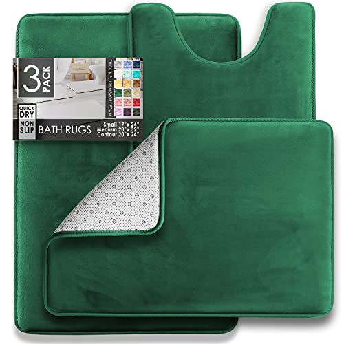 Clara Clark 3 Piece Bathroom Rugs Bath Mat Set, Velvet Memory Foam Bath Mats for Bathroom - Non-Slip, PVC Backing Bath Rugs, Washable - Dries Quickly, Green - color: Hunter Green, style: 17 x 24 + 20 x 32 + Contour
