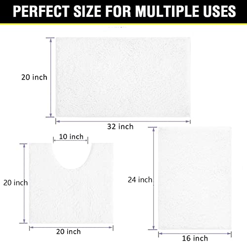 White Bathroom Rugs Chenille 3-Piece Extra Soft and Absorbent Shag White Bath Mat, Machine Wash Mat, Strong PVC Non-Slip Underside, Plush Carpet Mats - color: White, size: 2'8" x 1'8" (16x24"+20x32"+20x20"U shape）