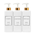 Modern Gold Design Shampoo and Conditioner Dispenser - Large 27oz Shower Soap Dispenser, Set of 3 Refillable Empty Plastic Pump Bottles for Bathroom and Body Wash (6 Waterproof Labels Included), White - color: White