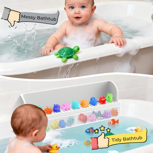 Splash Guard for Bathtub,Kids Bath Toy Tray Caddy Holder, Silicone, Gray | Bath Toy Storage Bag,Guard for Bathtub with Mesh Bathtub Toy Storage,Super Adsorption - Extended Design for Splash Protection