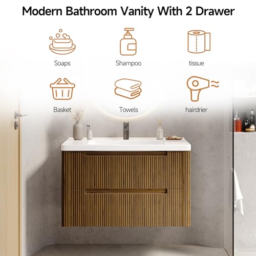 ONBRILL Modern Bathroom Vanity with Sink Combo, Curved Floating Bath Vanity with 2 Drawer, Wall Mount Bathroom Vanities with Integrated Ceramic Sink for Small Space, Apartment (Walnut, 24") - color: Walnut, size: 24"
