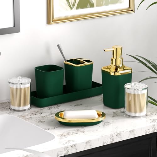 XLHOMO Bathroom Accessories Set - 25PC Bathroom Set with Shower Curtain and Rugs, Green Bathroom Set, Bathroom Accessory Set with Press-on Lid Trash Can, Soap Dispenser and Qtip Holders - color: Green & Gold, size: Plaid Complete Set + Bath Rugs