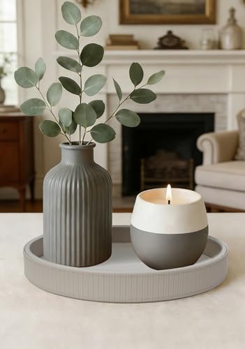 HofferRuffer Round Decorative Tray, Faux Leather Vanity Tray Decor, Decorative Catchall for Perfume, Bathroom Valet, Nightstand or Dresser (Grey Stripe, Round-12" x 12" x 1.6") - color: Grey Stripe