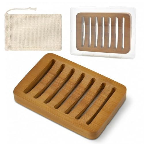 2-in-1 Soap Dish Combo Pack Includes 1 Bamboo Soap Holder and 1 Soap Bag, Slotted Wooden Soap Dish Self Draining, Shampoo Bar Tray for Shower, Bathroom, Countertop (Natural Brown Wood)
