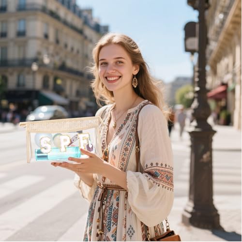Boho Patch Cosmetic Bag with Zipper, Chenille Varsity Letter Makeup Bag, Clear Travel Pouch, Multi-purpose Small Toiletry Bag for Women Girls (Spf) - style: Spf