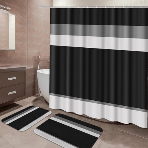 ArtSocket Black Grey Geometric Bathroom Set with Shower Curtain and Bath Rugs and Accessories, Striped Modern Non-Slip 3 Pcs, 72" L x 72" W Curtain, 23.6" L x 15.7" W + 19.7"x 31.5" Rugs - color: Black Grey