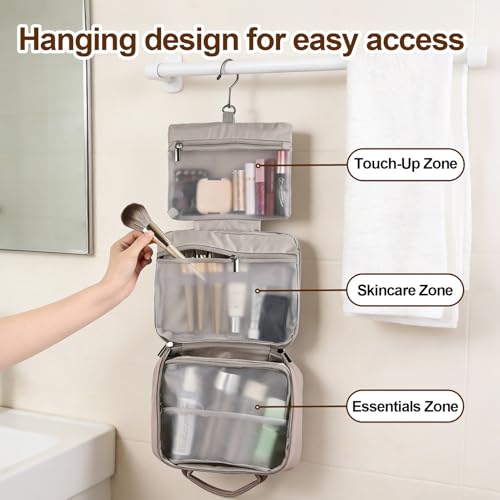 Greenfeather Hanging Toiletry Bag for Women, Compact 3-Layer PU Leather Organizer with Hook – Cosmetic & Makeup Travel Bag, Washable Waterproof EVA, Spacious Foldable Case for Weekend Trips - color: Warm Nude