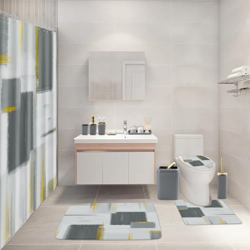 XLHOMO Bathroom Set - Grey and Gold Bathroom Accessories Set, Bathroom Sets with Shower Curtain and Rugs, Grey Shower Curtain Set with Bathroom Trash Can, Soap Dispenser, Soap Dish for Home Decor - color: Plaid Grey & Gold, size: Complete Set + Bath Rugs