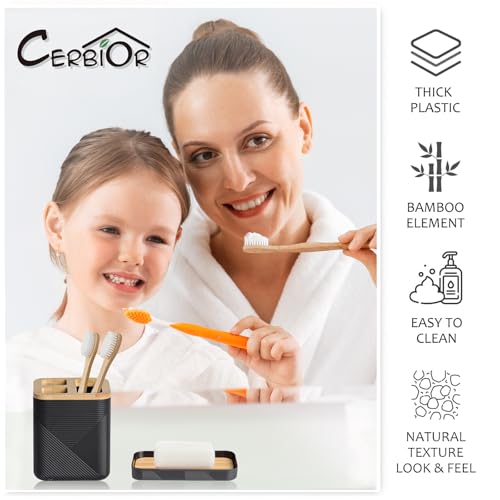 CERBIOR Bathroom Accessories Set 6 Piece Bamboo Bath Ensemble Includes Soap Dispenser, Toothbrush Holder, Toothbrush Cup, Soap Dish for Decorative Countertop and Housewarming Gift (Black) - size: Complete Set, style: Black