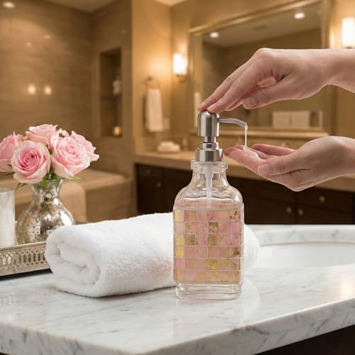 BOPPIE Handcrafted Mosaic Glass Soap Dispenser, Modern Countertop Hand & Dish Soap Dispenser for Bathroom/Kitchen, Refillable Liquid Soap Bottle with Stainless Steel Rust Proof Pump (Mosaic Golden) - color: Mosaic Golden