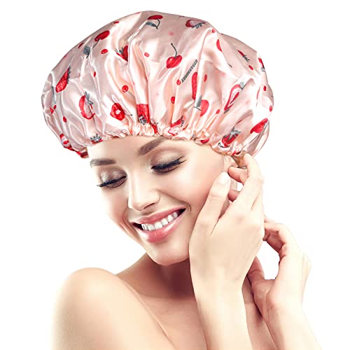 Shower Caps for Women Reusable Waterproof- Adjustable Women Shower Cap Reusable Hair Cap for Shower, Shower Cap for Adult and Kids - color: Pink Strawberry, size: Medium