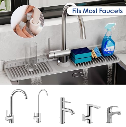 24 Inch Silicone Faucet Mat for Kitchen Sink Splash Guard - 7° Slope Upgraded Water Draining Mat with Fasten Button for Bathroom Area (Gray, 24''x5.5'') - color: Gray, size: 24''x5.5''