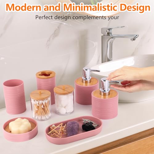 Bathroom Accessory Set,10 PCS Pink Bathroom Accessories Set with Trash Can, Toothbrush Holder, Soap Dispenser, Toothbrush Cup, Vanity Tray, Soap Dish, Toilet Brush, Qtip Holders - color: Pink