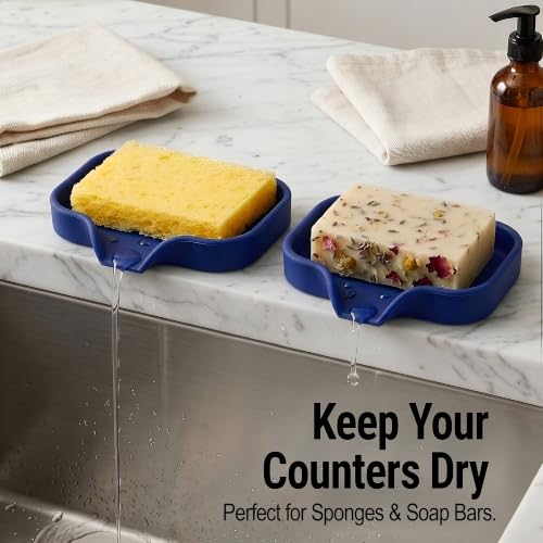 Zulay Kitchen Small Silicone Sponge Holder (4.9x3.3”) – Space-Saving Sink Organizer Tray for Sponge, Soap, Brush & More – Compact Non-Slip Dish for Kitchen & Bathroom (Dark Blue) - color: Dark Blue (Small), size: Small (4.9x3.3)