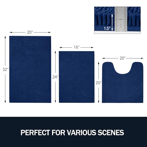 LINLA 3 Pieces Bathroom Rug Set, Absorbent Non Slip Chenille Bath mat, Thick Plush Chenille Carpet Mats Set,Washable Dry Quickly with U-Shaped Toilet Mat for Tub, Shower（Navy Blue） - color: Navy Blue