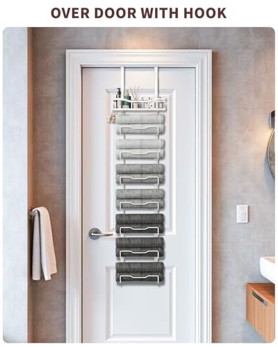 Hanging Towel Racks for Bathroom No Drill - Over The Door 8-Tier Bath Towel Storage Organizer for Small Bathrooms - Back Door Large Tiered Towel Holder Hanger for Rolled Towels RV Camper White - color: White, size: 8 Tier