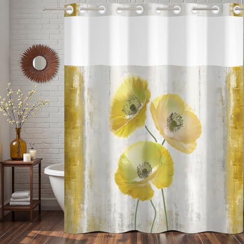 No Hook Floral Shower Curtain and Liner Set 71x74inch | Spring Yellow Poppy Flower Pattern, Modern Waterproof Fabric Bath Tub Curtain for Farmhouse Bathroom, Breathable Mesh Top - color: Yellow 04