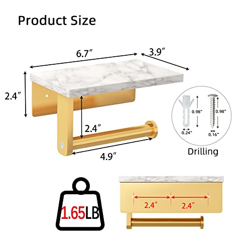 Brushed Gold Toilet Paper Holder with Natural Marble Shelf, 304 Stainless Steel Screw Wall Mounted, Tissue Roll Paper Holder Dispenser for Bathroom Washroom - color: Gold