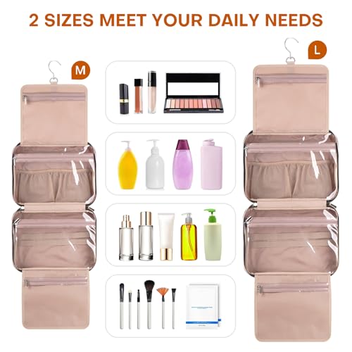 Hanging Toiletry Bag for Women Travel, 2 Sizes Large & Small Waterproof Cosmetic Organizer with 4 Compartments, Rotating Hook, Foldable Pink Travel Bag for Toiletries & Makeup - Large Pink - color: Pink, size: Large