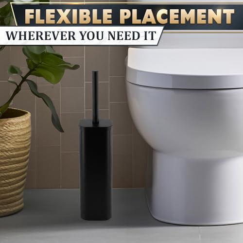 Black Toilet Brush with Square Stainless Steel Holder - Freestanding Toilet Brush and Holder Set Black - Removable Plastic Inner Cup, Splash Guard Cover, Replaceable Head, Corrosion Resistant Finish - color: Black Rounded Square