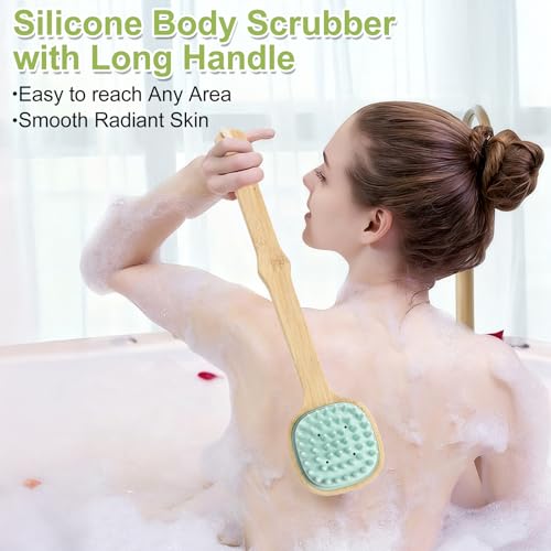 Silicone Back Scrubber for Shower, Silicone Bath Body Brush Loofah with Long Handle, Dual-Sided Shower Brush for Body, Lake Blue Exfoliating Body Scrubber for Men Women, Back Washer for Men with Hook - size: lake blue-1pcs