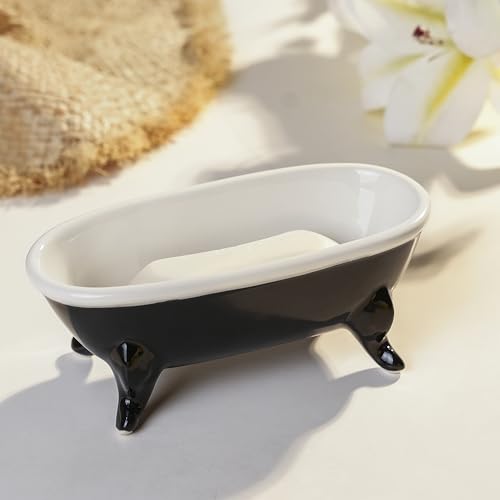6.7" Ceramic Mini Clawfoot Bathtub Bar Soap Dish, Decorative Bar Soap Holder, Soap Tray Sponge Holder for Shower, Bathroom & Kitchen Sink (Black) - color: Black