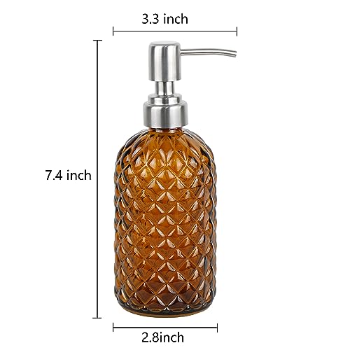 16 oz Diamond Pattern Glass Soap Dispenser, Kitchen and Bathroom Refillable Soap Dispenser with Rust Resistant Stainless Steel Pump for Hand Soap, Lotion Glass Liquid Dispenser(Amber) - color: Amber