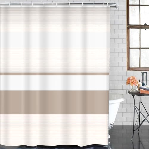 ArtSocket Beige Striped Bathroom Set with Shower Curtain and Bath Rugs and Accessories,Boho Modern Non-Slip Shower Curtain Set,Bathroom Decor 3 Pcs - color: Beige Striped